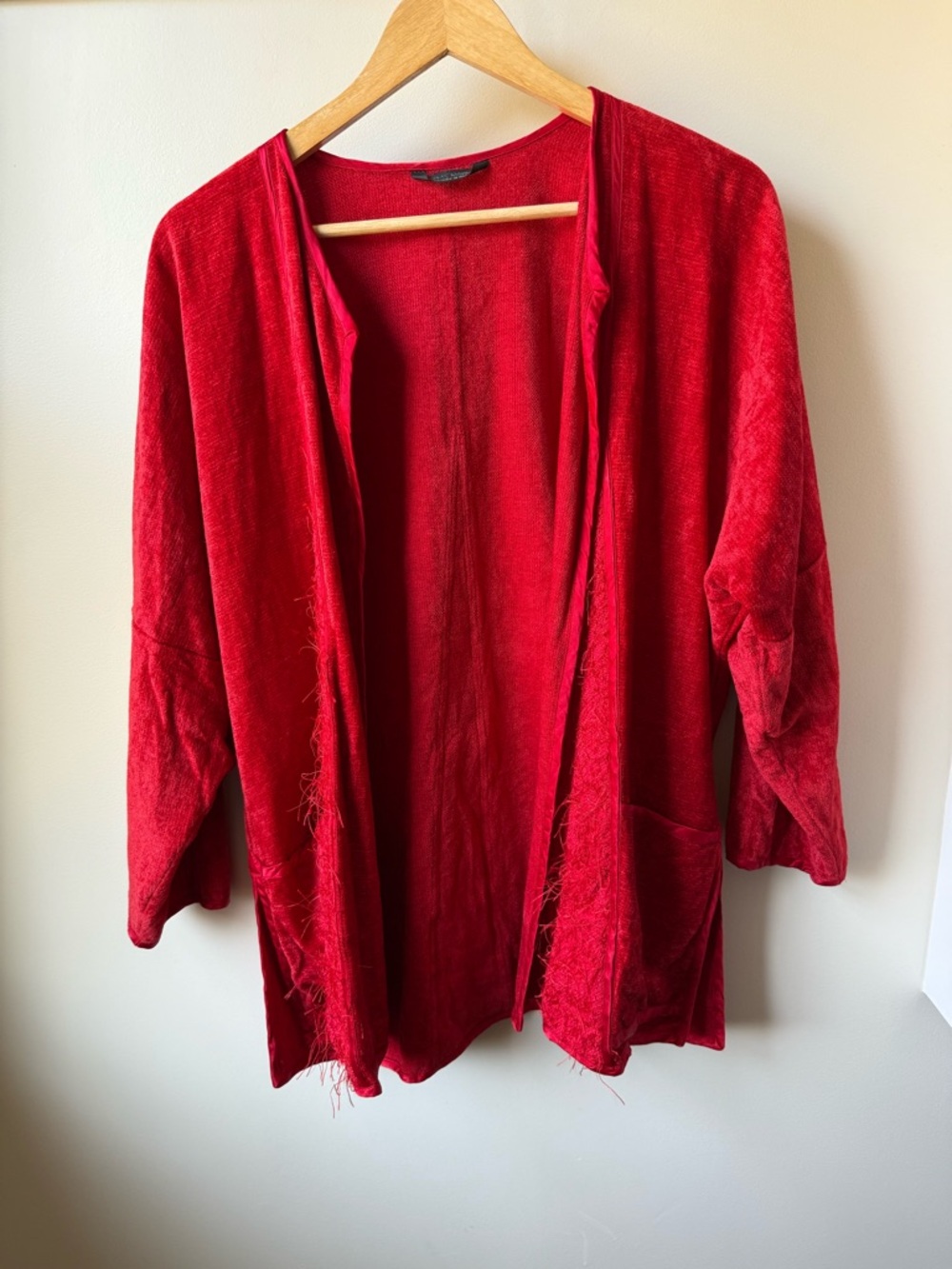 ANNIKKI KARVINEN Handmade Finland Open Front Cardigan Red Eyelash Woven Artsy XS